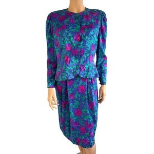 Adrianna Papell Vintage 100% Silk Floral Skirt Suit Size 12
